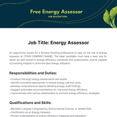Free Energy Assessor Job Description Template to Edit Online