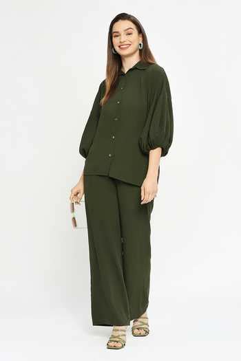 Buy Green Viscose Collared Puff Sleeve Shirt And Pant Set For Women by ...