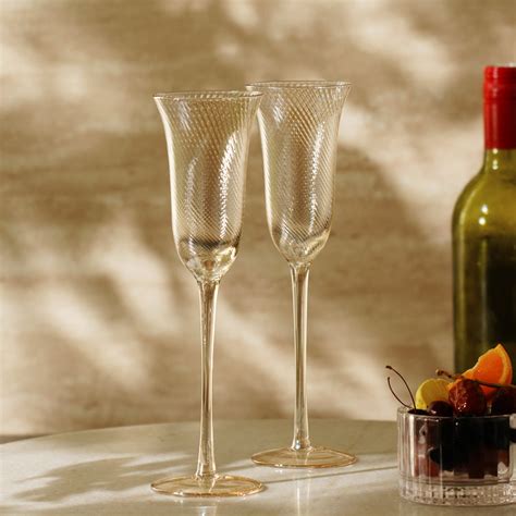 Set of 2 Light Amber Swirl Textured Champagne Flutes