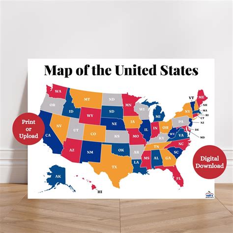 Printable Map of the USA, Colorful Map of America for Kids, Social Studies Classroom Decor, US ...
