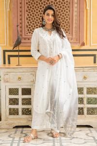 Buy White Cotton, Kota Doria V Neck Mirror Embellished Kurta Set For ...