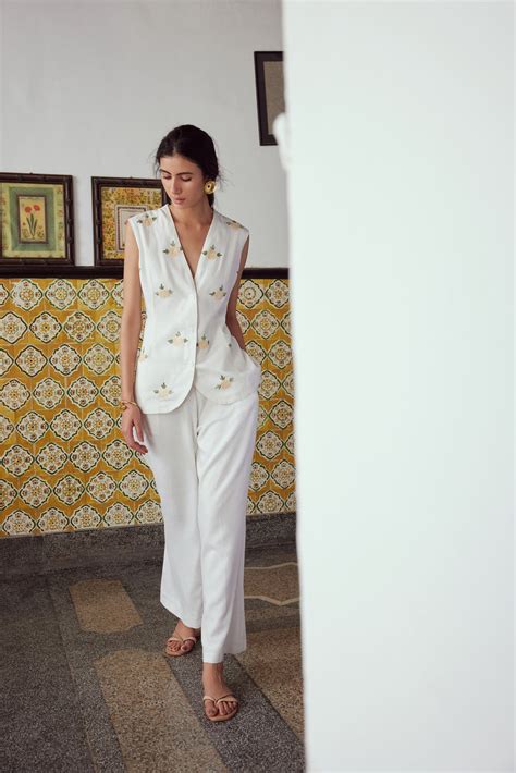 White Linen Waistcoat Set | Koshur India
