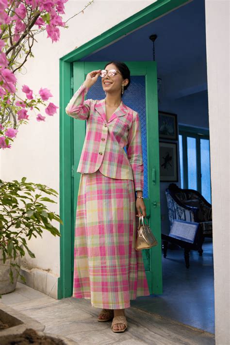 Pink & Mint Green Madras Cotton Checked Jacket & Skirt Set | Classic D ...
