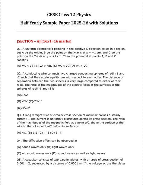 CBSE Class 12 Physics Half Yearly Sample Question Paper 2025-26 with ...