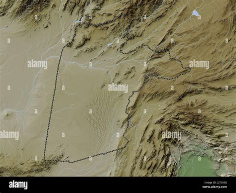 Kandahar, province of Afghanistan. Elevation map colored in wiki style with lakes and rivers ...