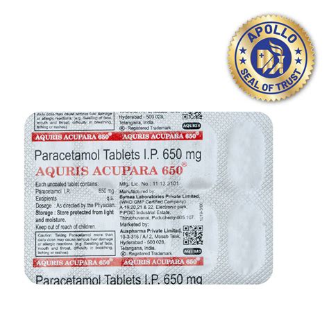 Buy Aquris Acupara 650 mg Tablet 10's | 19 Minutes Delivery | Apollo ...
