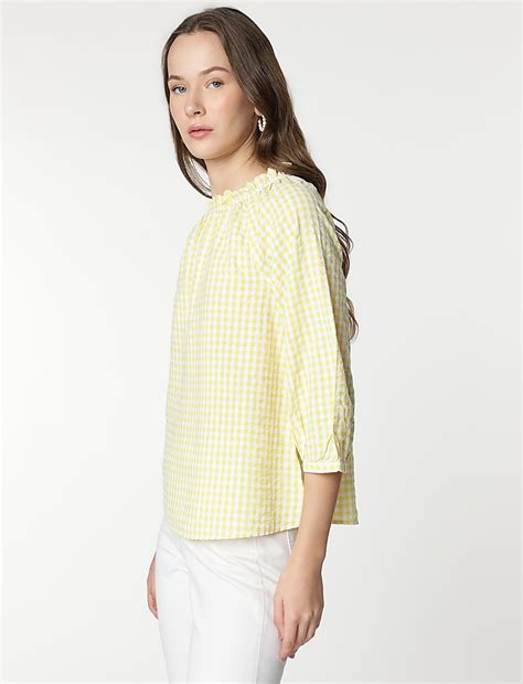 Buy Pure Cotton Checks Ruffled Neck Blouse at Marks & Spencer