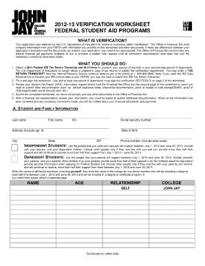 Fillable Online jstop jjay cuny 2012-13 VERIFICATION WORKSHEET FEDERAL ...