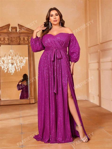 Plus Elegant Off-Shoulder Long-Sleeve Evening Gown With Waist-Defining ...