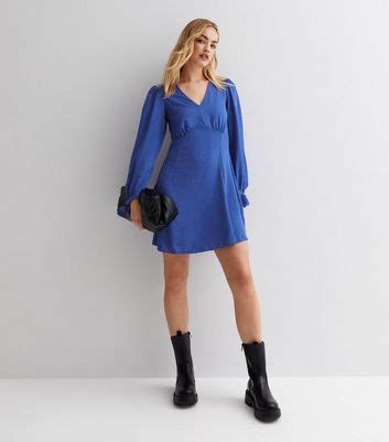 Bright Blue V Neck Tie Long Sleeve Mini Dress | New Look