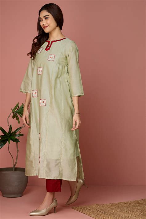 side gather chanderi a-line kurta - Pistachio & Dreams - maati crafts