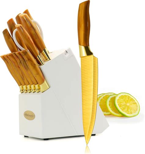 Gold Knife Set with White Knife Block, Thick and Sharp Stainless Steel ...