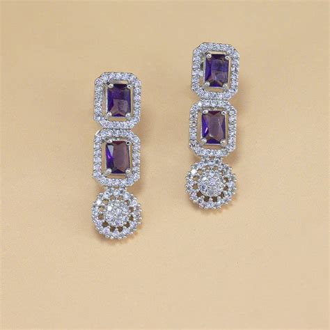 Rhodium Plated Floral Purple AD Trendy Drop Earrings – PRIVIU