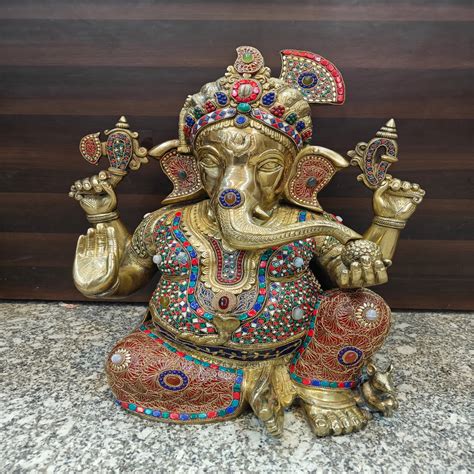 Brass Large Majestic Ganesha Sculpture With Stone Work 20 Inches ...
