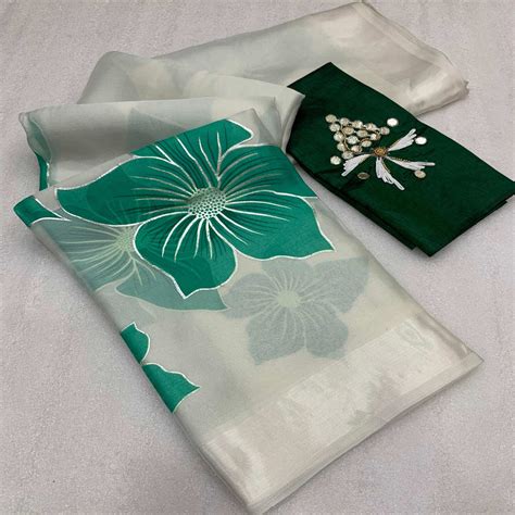 White & Green Floral Foil Printed Organza Saree