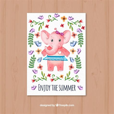 Waterverfkaart met schattige olifant | Gratis Vector