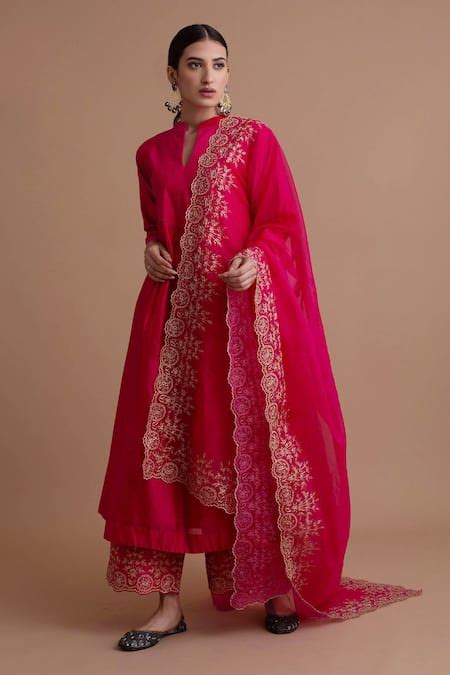 Buy Pink Silk Chanderi Thread Notched Kurta Palazzo Set For Women by ...