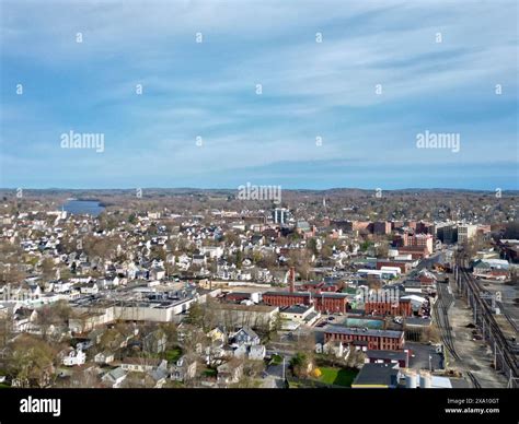 An aerial drone perspective of downtown Haverhill, Massachusetts Stock ...
