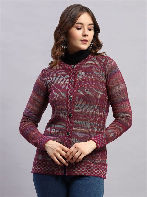 Buy Women Magenta Self Design Round Neck Sleeveless Cardigan Online in ...