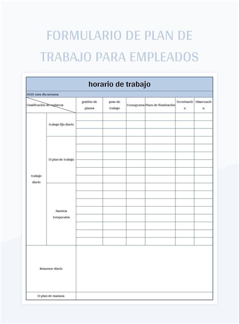 Plantilla de Excel Formulario De Plan De Trabajo Para Empleados y Hoja ...