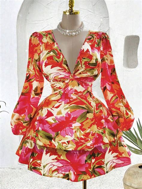 Franclia Plus Size Women Tropical Floral V-Neck Puff Sleeve Cut Out ...