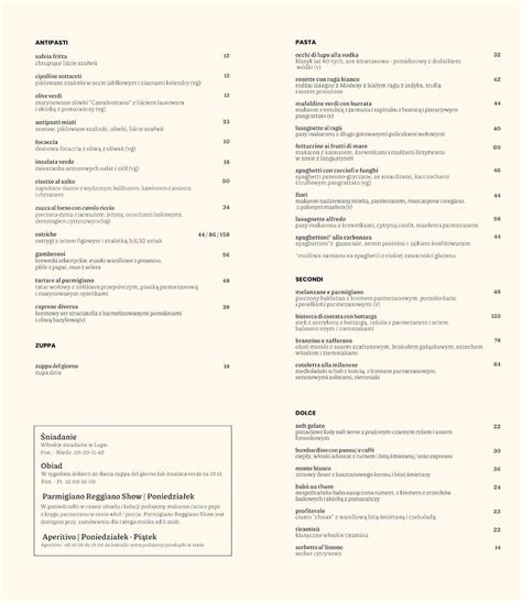 Menu at Lupo Pasta Fresca restaurant, Warsaw