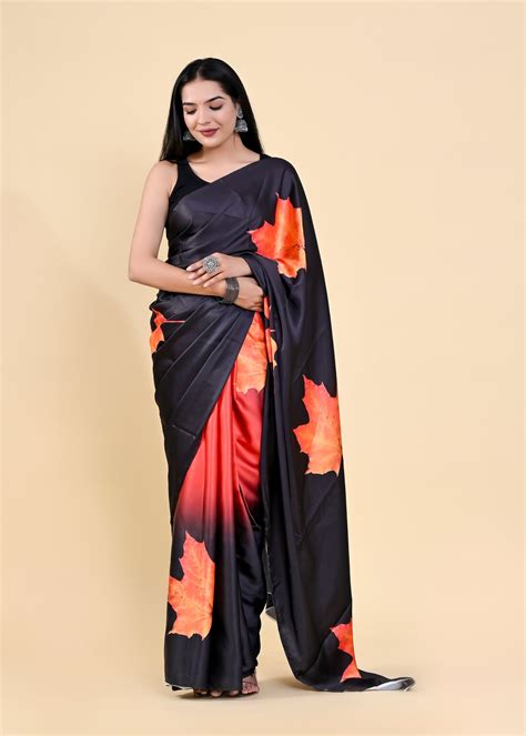 Black & Orange Floral Digital Printed Heavy Satin Silk S