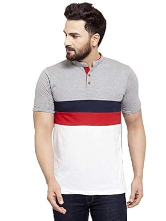 Buy Kalt Men's Half Sleeves Mandarin Collar Cotton Blend T-Shirt (White ...