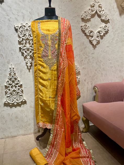 Tissue banarasi combination suit set with gotta mirror work and bandan