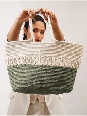 Buy Jalwa by Deepika Olive Green White Handcrafted Jute Tote Bag Online