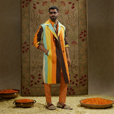 Shop Multi Colour Crepe Stripe Trench Coat Online | SVA Couture