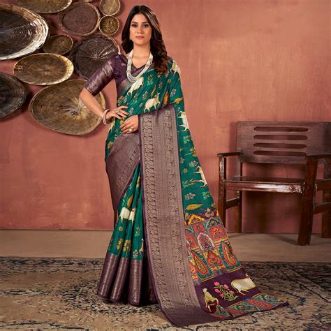 Rama Green & Purple Printed With Woven Border Kota Doria Saree