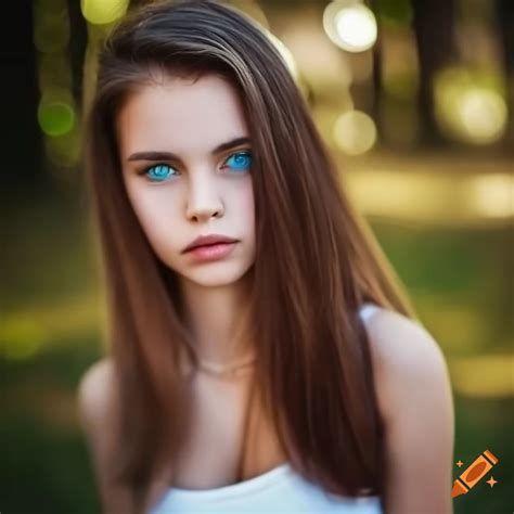 Girl with long brown hair and blue eyes in stylish outfit on Craiyon