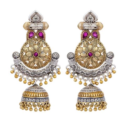 Peora Traditional Imitation Oxidised Silver Alloy Pink Jhumka for Women ...