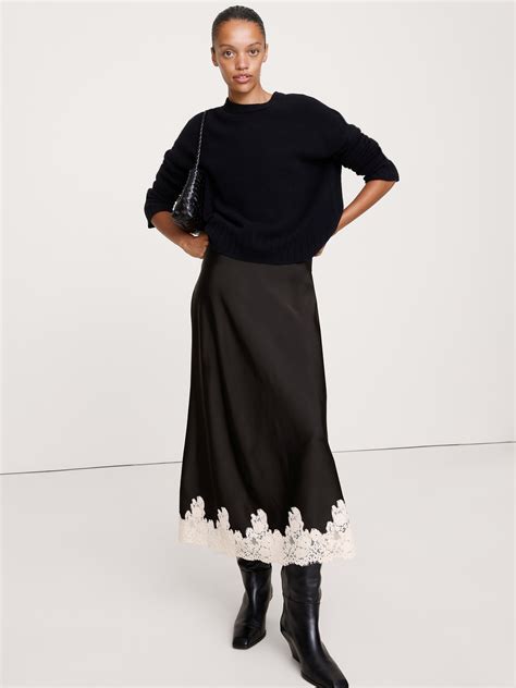 Stretch-Satin Lace-Hem Midi Skirt | Banana Republic