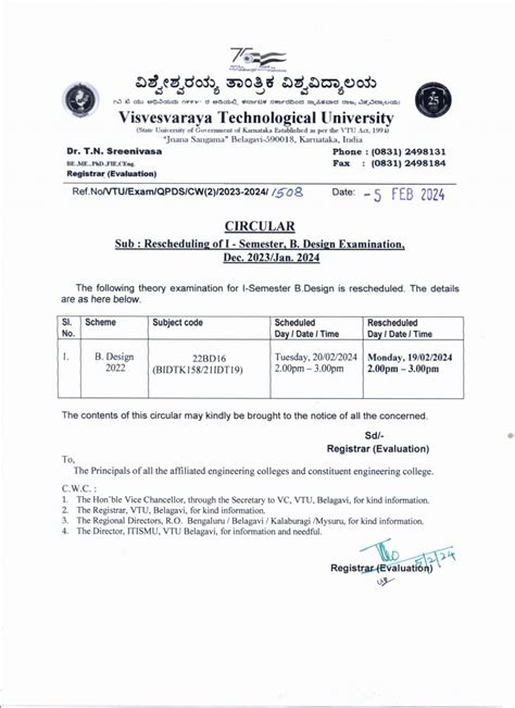 CIRCULAR – Rescheduling of I – Semester, B.Design Examination, Dec ...