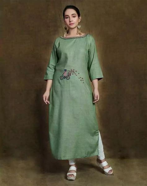 Green Linen Cotton Embroidery Kurti with Mask – South India Shopping Mall