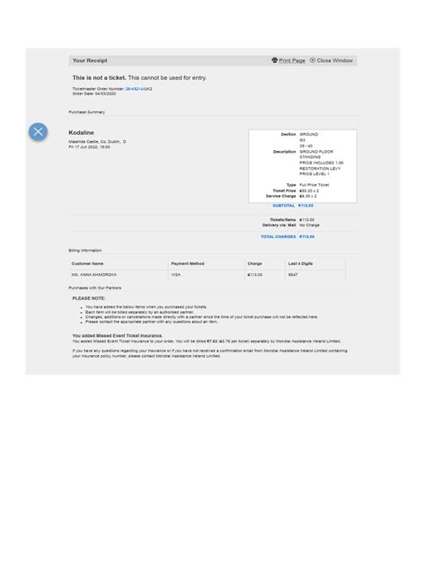 Image result for Ticketmaster Receipt