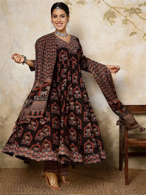 Cotton Calf Length Printed V-Neck Anarkali Kurta Suit Set – Gulmohar Jaipur