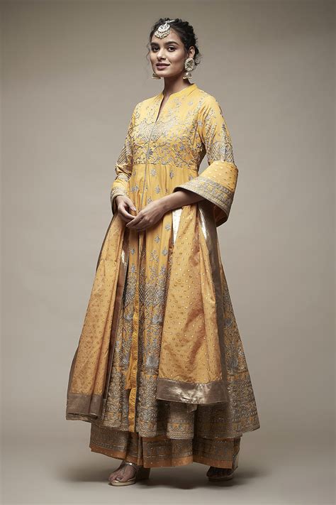 Mustard Cotton Anarkali Suit Set at Biba India