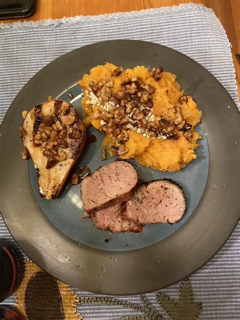 [Homemade] Grilled pork tenderloin, mashed red and sweet potatoes with ...
