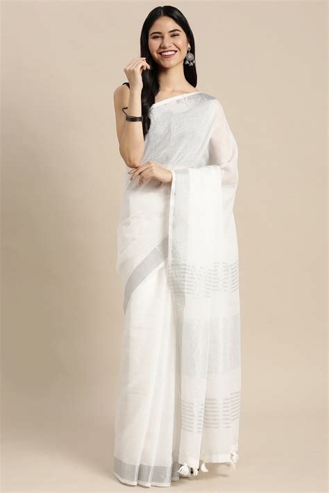 Buy Lily White Woven Linen Cotton Saree Online - MySilkLove