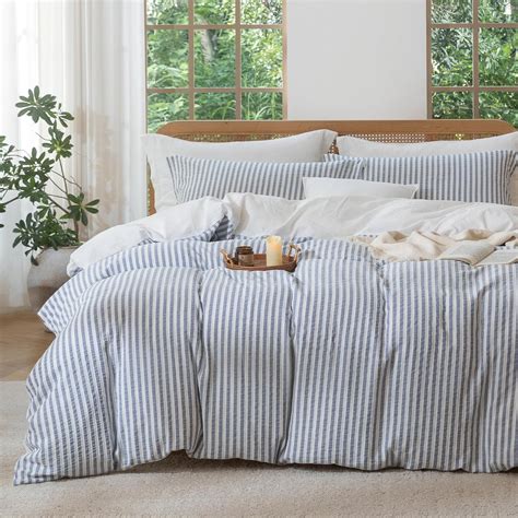 Amazon.com: MILDLY Blue Striped Duvet Cover - 100% Washed Cotton ...