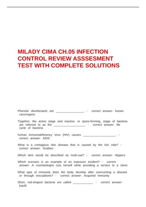 MILADY CIMA CH.05 INFECTION CONTROL REVIEW ASSSESMENT TEST WITH ...