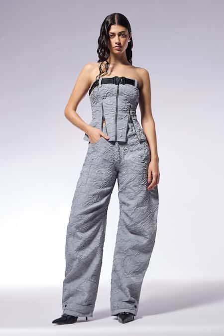 Buy Grey 30% Viscose Off Crushed Texture Zipper Slit Detail Corset Top ...