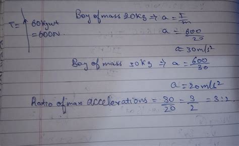 The maximum tension a rope can withstand is 60 kg wt. The ratio of ...