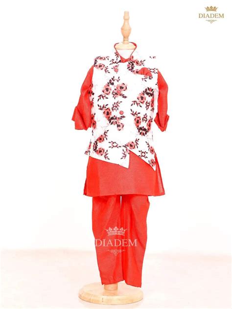 Scarlet Red Kurta Set with Floral Printed Waistcoat | Diadem India