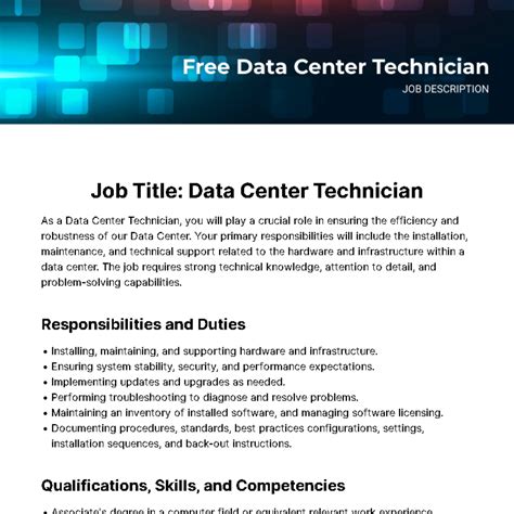 Free Data Center Technician Job Description Template to Edit Online