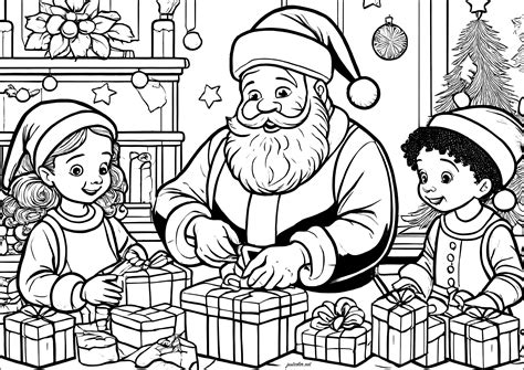 Santa preparing presents with two children - Christmas Coloring Pages ...