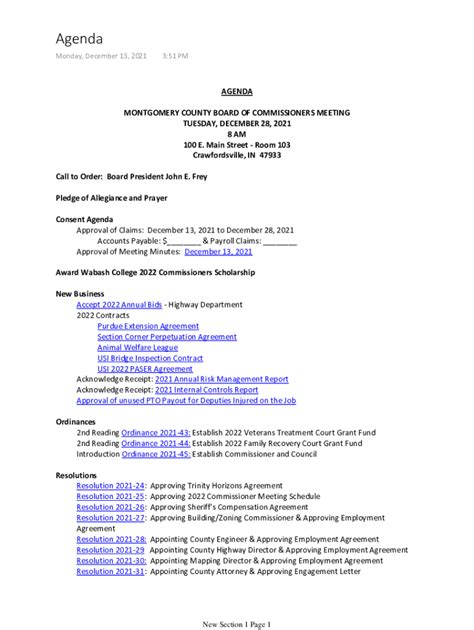 Fillable Online Agenda - Montgomery County, Indiana Fax Email Print ...